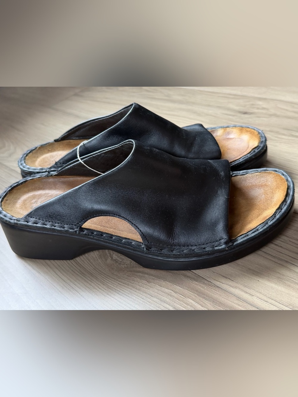 Naot Sandals Womens Size 11 Rome Slides Wedge Heel Black Leather Comfort